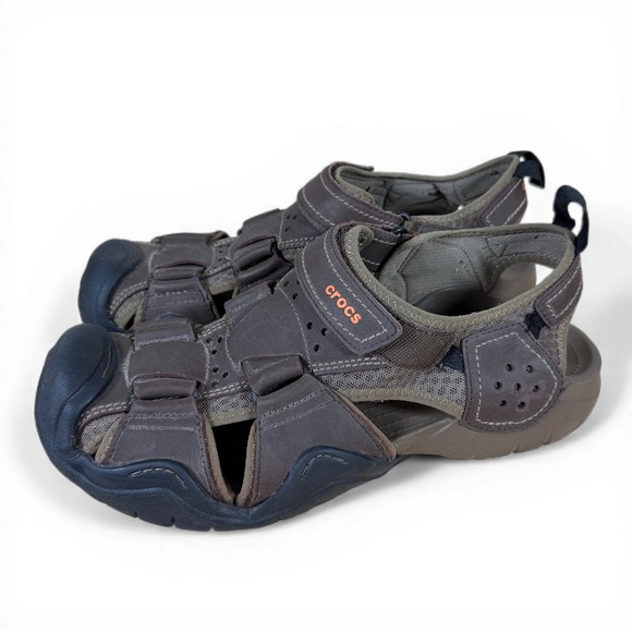 Crocs Swiftwater Leather Fisherman Sandals Mens 12 Brown Closed Toe Outdoor - Picture 2 of 8
